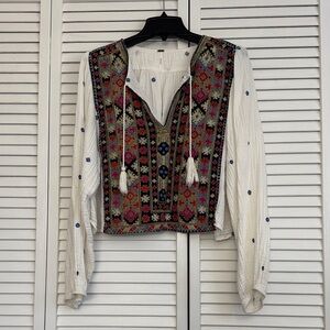 Free People White Blouse with Colorful Embroidery